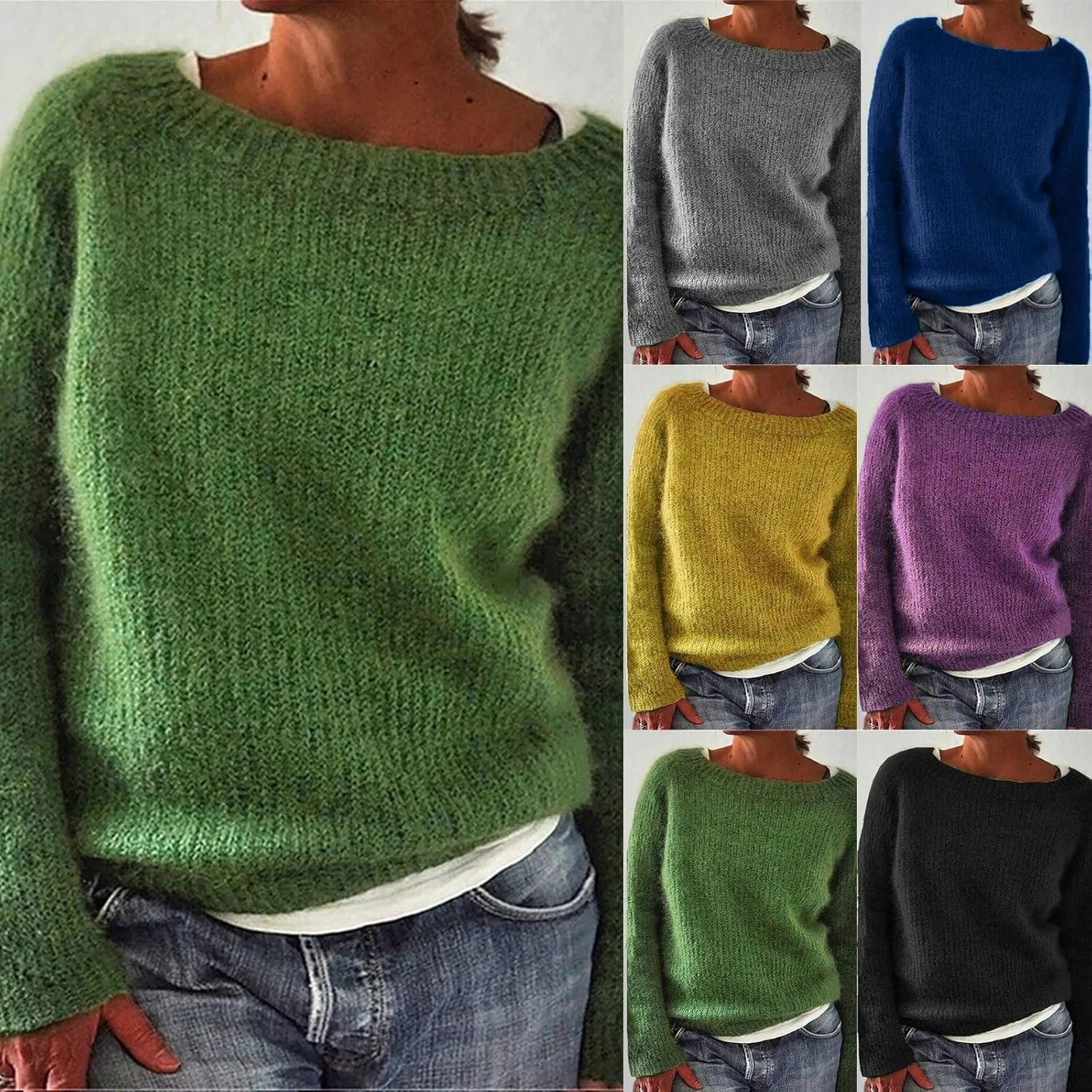 Womens Sweater Chunky Knit Solid Color Round Neck Long Sleeve Casual Soft Loose Fit Jumper Tops