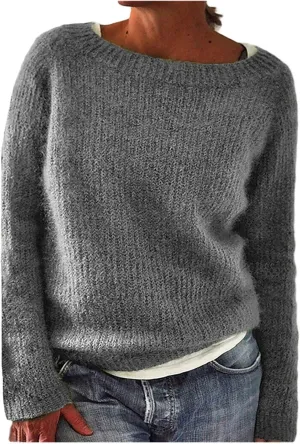 Womens Sweater Chunky Knit Solid Color Round Neck Long Sleeve Casual Soft Loose Fit Jumper Tops