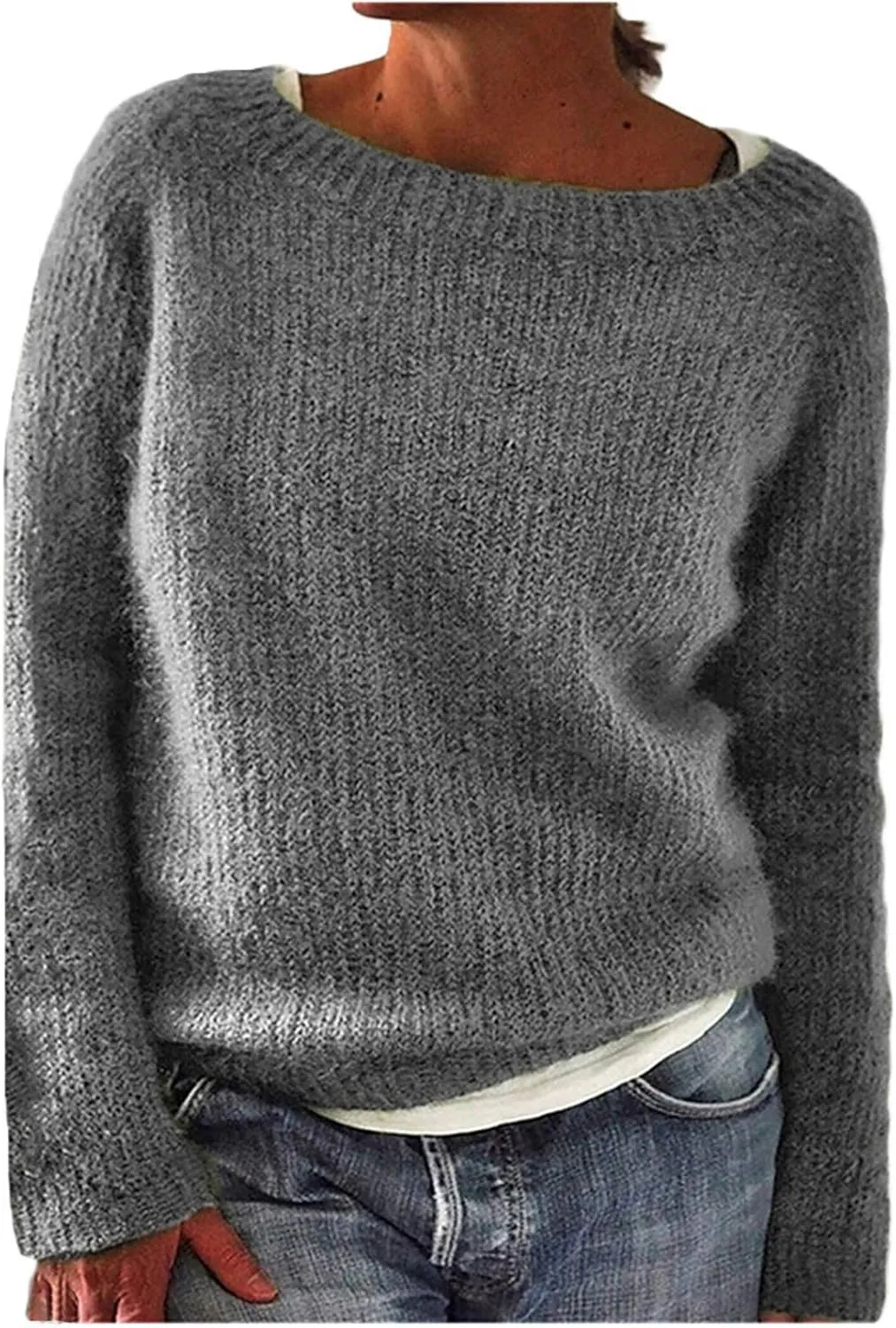 Womens Sweater Chunky Knit Solid Color Round Neck Long Sleeve Casual Soft Loose Fit Jumper Tops