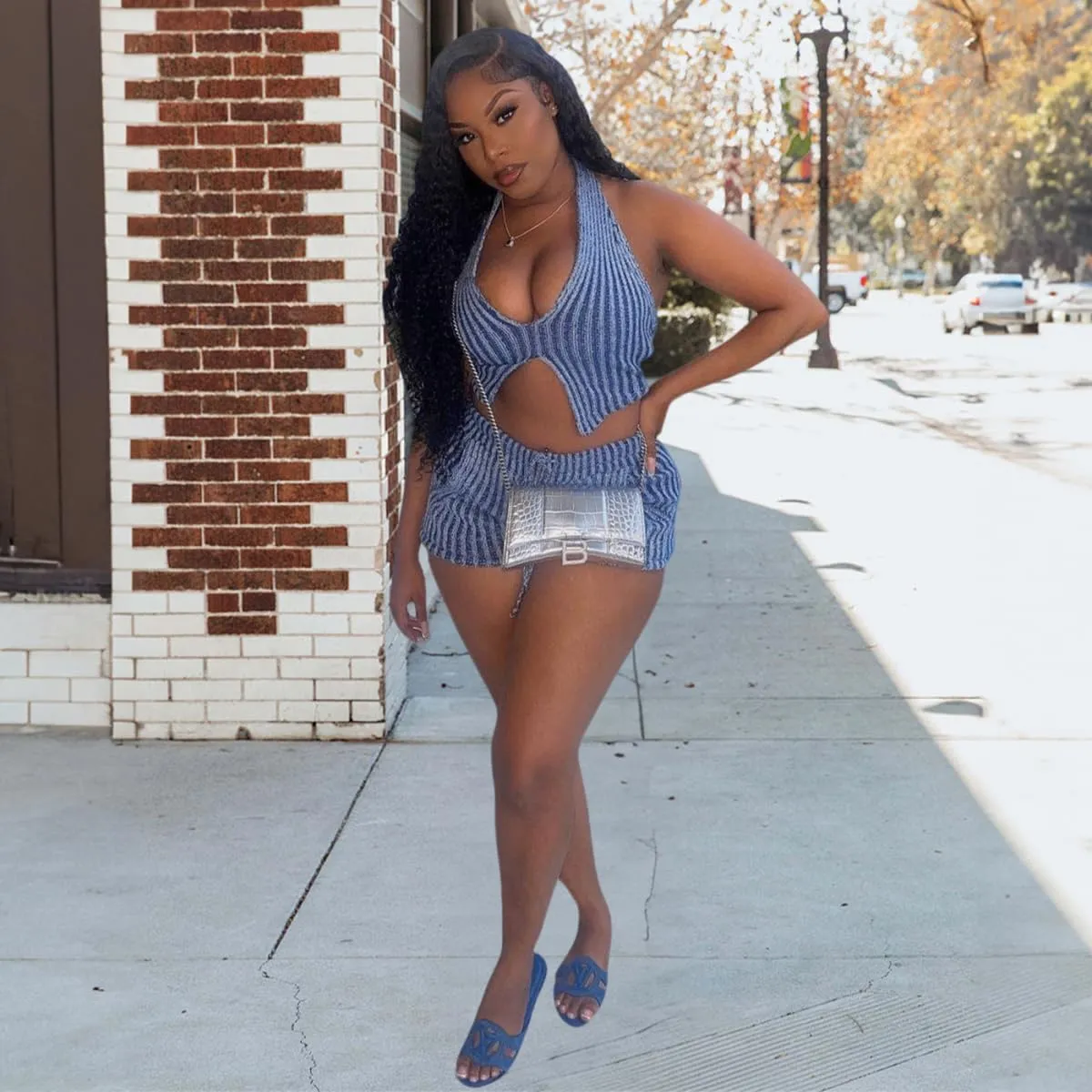 Women's Two Piece Outfits Sexy Sleeveless Tracksuits Halter Tank Crop Top Sets Bodycon Summer Shorts Sweatsuits