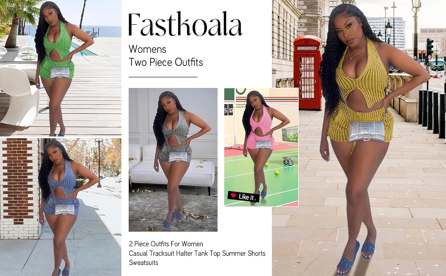 Women's Two Piece Outfits Sexy Sleeveless Tracksuits Halter Tank Crop Top Sets Bodycon Summer Shorts Sweatsuits