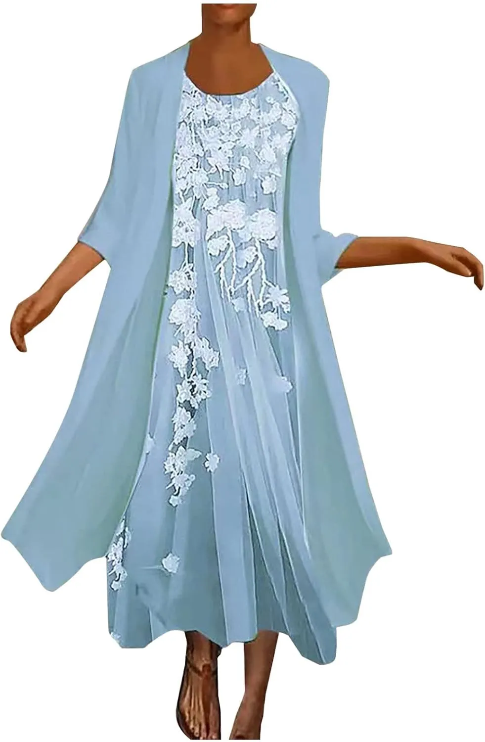 Womens Two-Piece Set Floral Print Midi Sleeveless Dress with Cardigan Chiffon Flowy Plus Size Wedding Guest Dresses