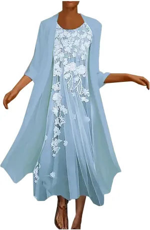 Womens Two-Piece Set Floral Print Midi Sleeveless Dress with Cardigan Chiffon Flowy Plus Size Wedding Guest Dresses