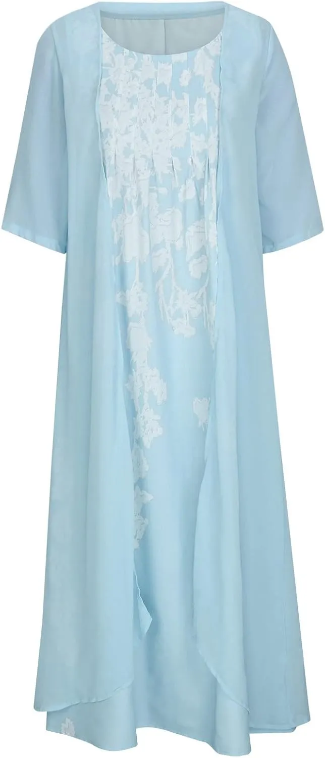 Womens Two-Piece Set Floral Print Midi Sleeveless Dress with Cardigan Chiffon Flowy Plus Size Wedding Guest Dresses
