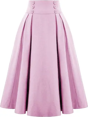 Women's Vintage High Waisted Skirts Casual Button Deco Midi A-Line Skirt Elastic Waist Flowy Skirts with Pockets