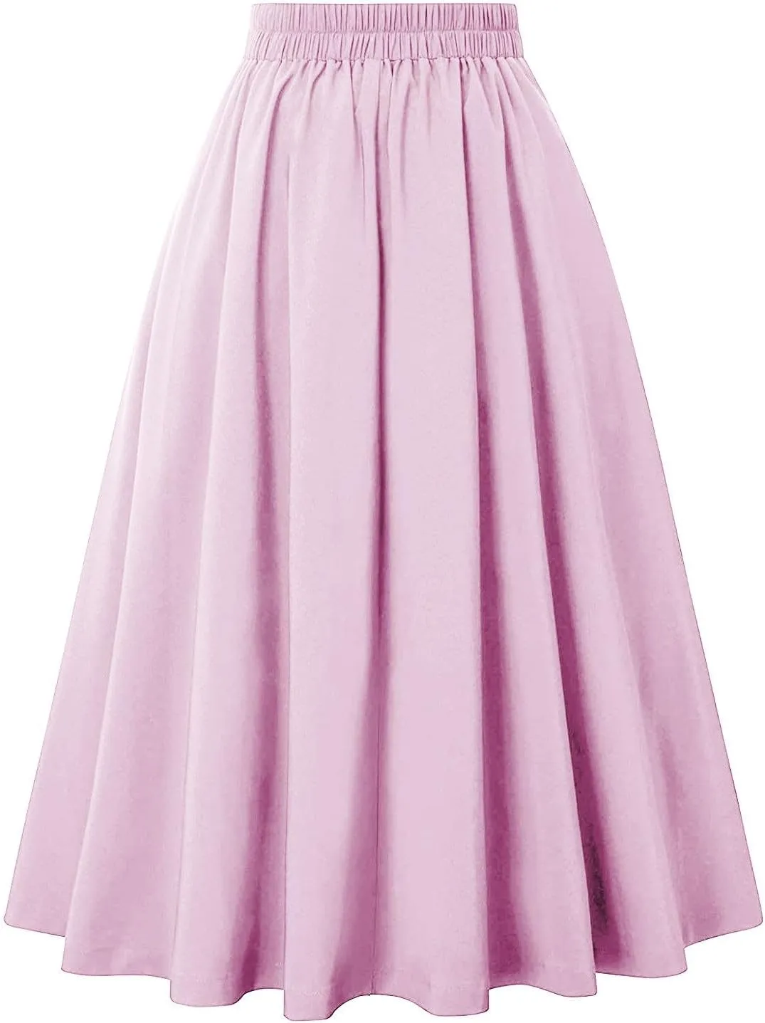 Women's Vintage High Waisted Skirts Casual Button Deco Midi A-Line Skirt Elastic Waist Flowy Skirts with Pockets