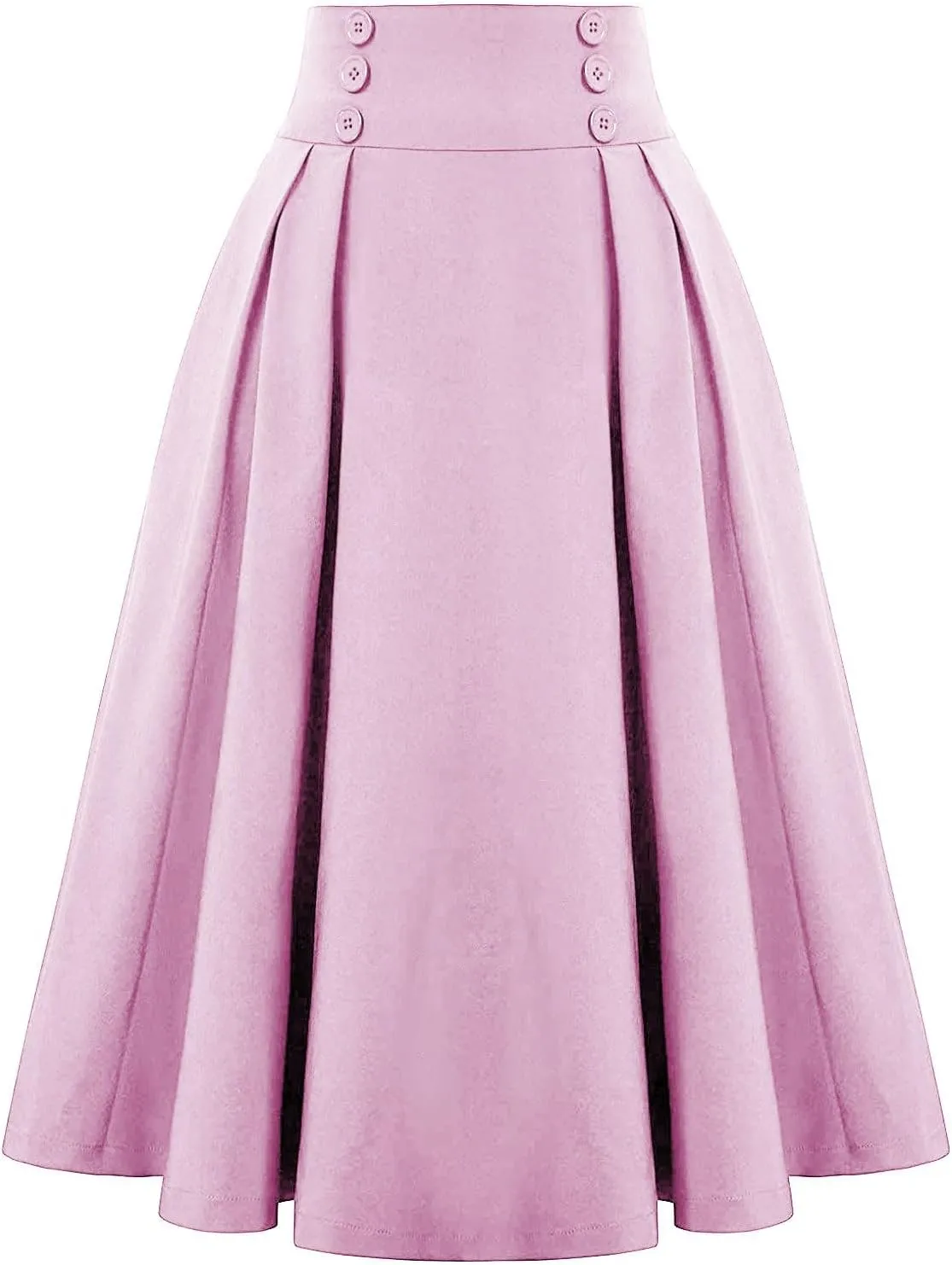 Women's Vintage High Waisted Skirts Casual Button Deco Midi A-Line Skirt Elastic Waist Flowy Skirts with Pockets