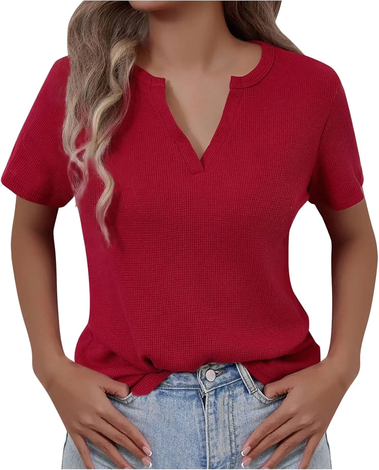 Women's Waffle Knit Tops Loose Short Sleeve V-Neck Shirts Summer Casual Blouse