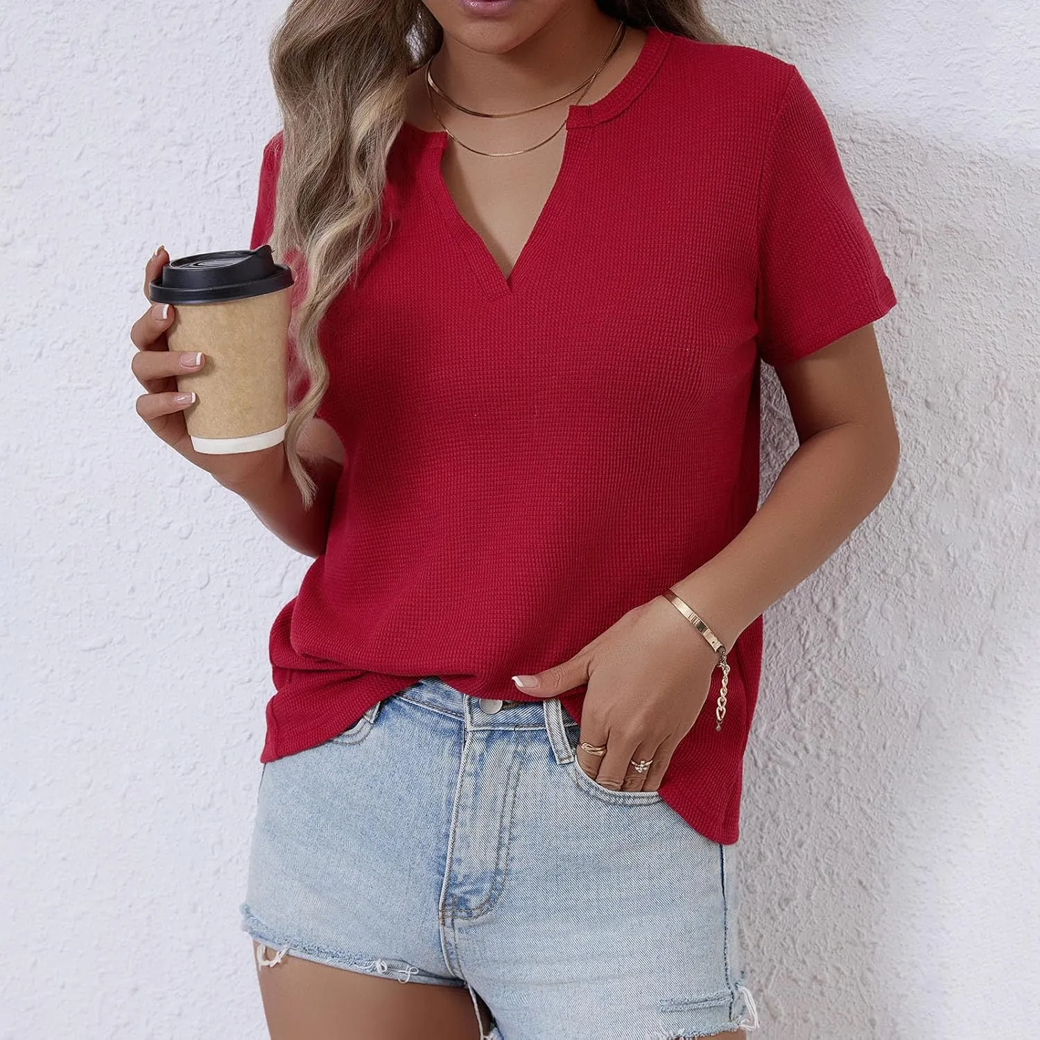 Women's Waffle Knit Tops Loose Short Sleeve V-Neck Shirts Summer Casual Blouse