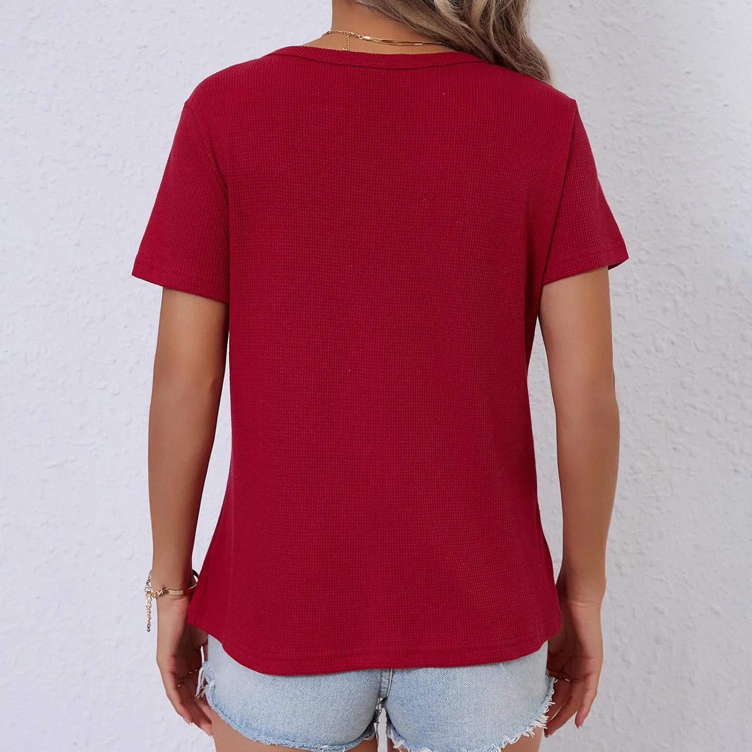 Women's Waffle Knit Tops Loose Short Sleeve V-Neck Shirts Summer Casual Blouse
