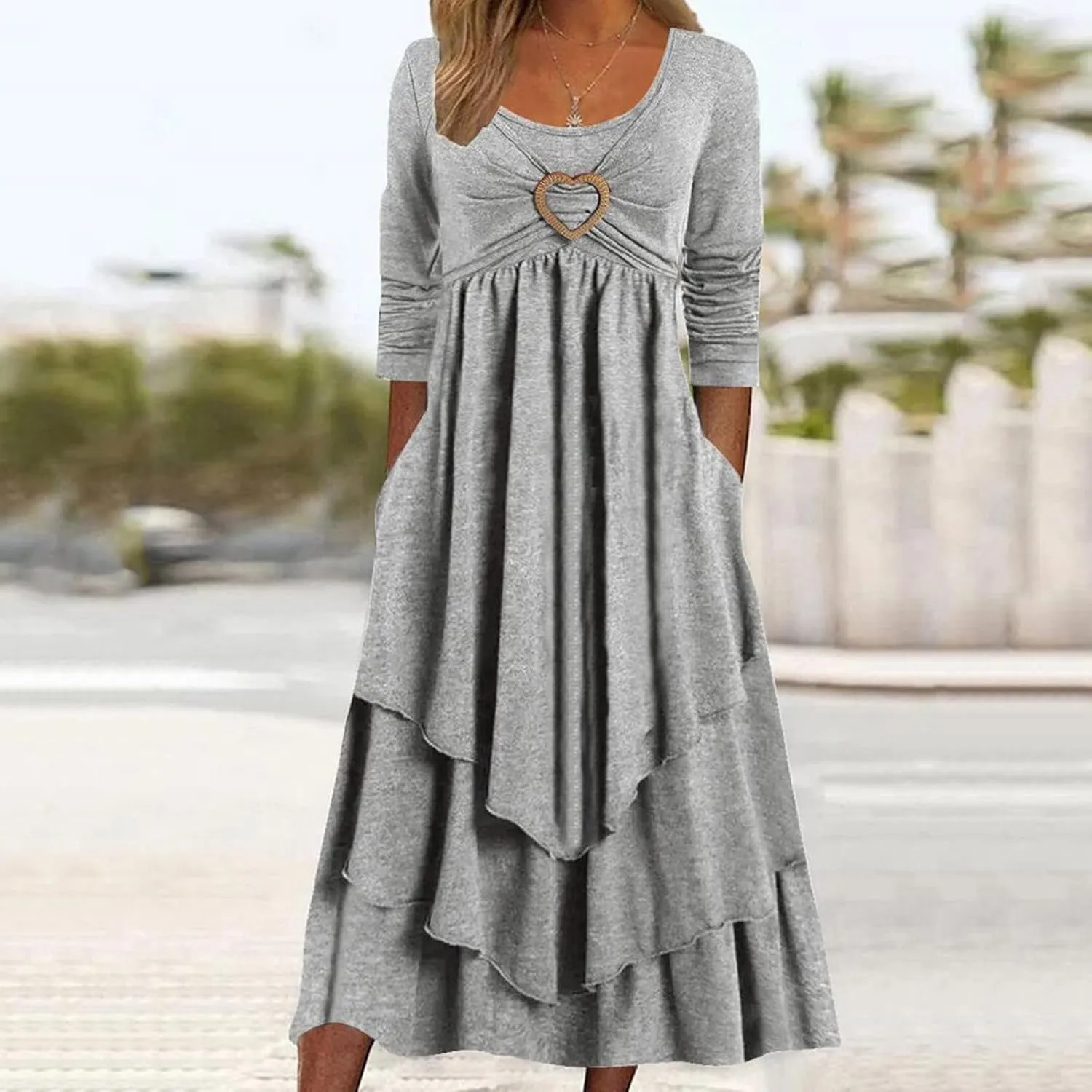 Womens Wedding Guest Maxi Dresses Long Sleeve Swing Ruffle Irregular Hem A Line Flowy Pleated Maxi Dress