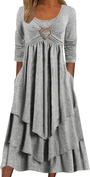 Womens Wedding Guest Maxi Dresses Long Sleeve Swing Ruffle Irregular Hem A Line Flowy Pleated Maxi Dress