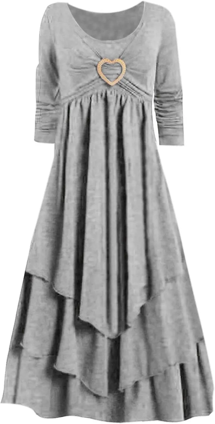 Womens Wedding Guest Maxi Dresses Long Sleeve Swing Ruffle Irregular Hem A Line Flowy Pleated Maxi Dress