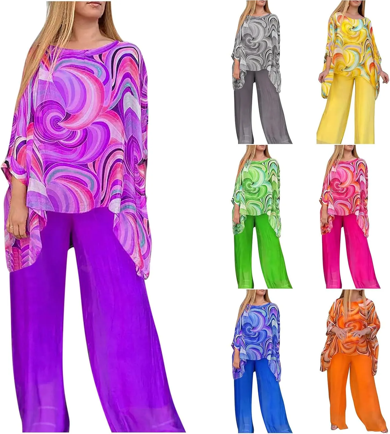 Women’s Wedding Guest Pant Suit 2 Piece Set Tie Dye Printed Elegant Formal Chiffon Evening Party Outfit