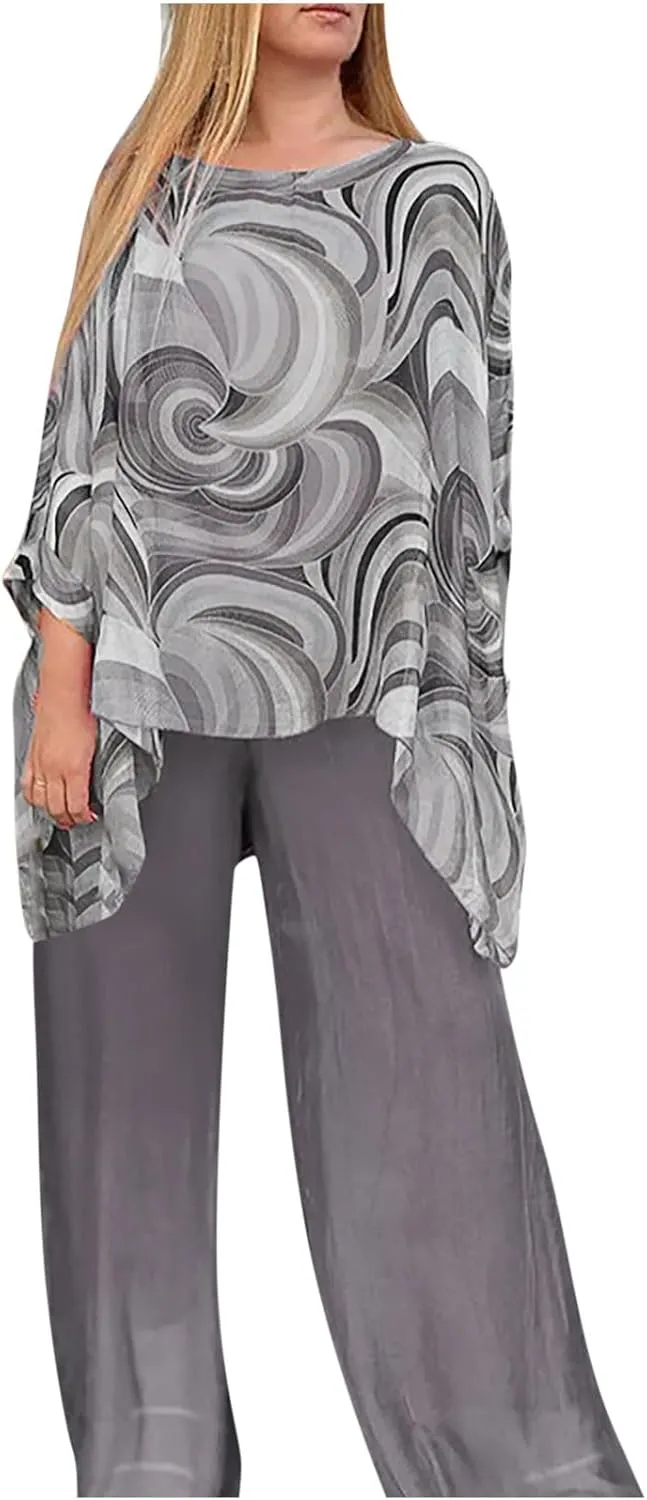 Women’s Wedding Guest Pant Suit 2 Piece Set Tie Dye Printed Elegant Formal Chiffon Evening Party Outfit