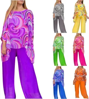 Women’s Wedding Guest Pant Suit 2 Piece Set Tie Dye Printed Elegant Formal Chiffon Evening Party Outfit