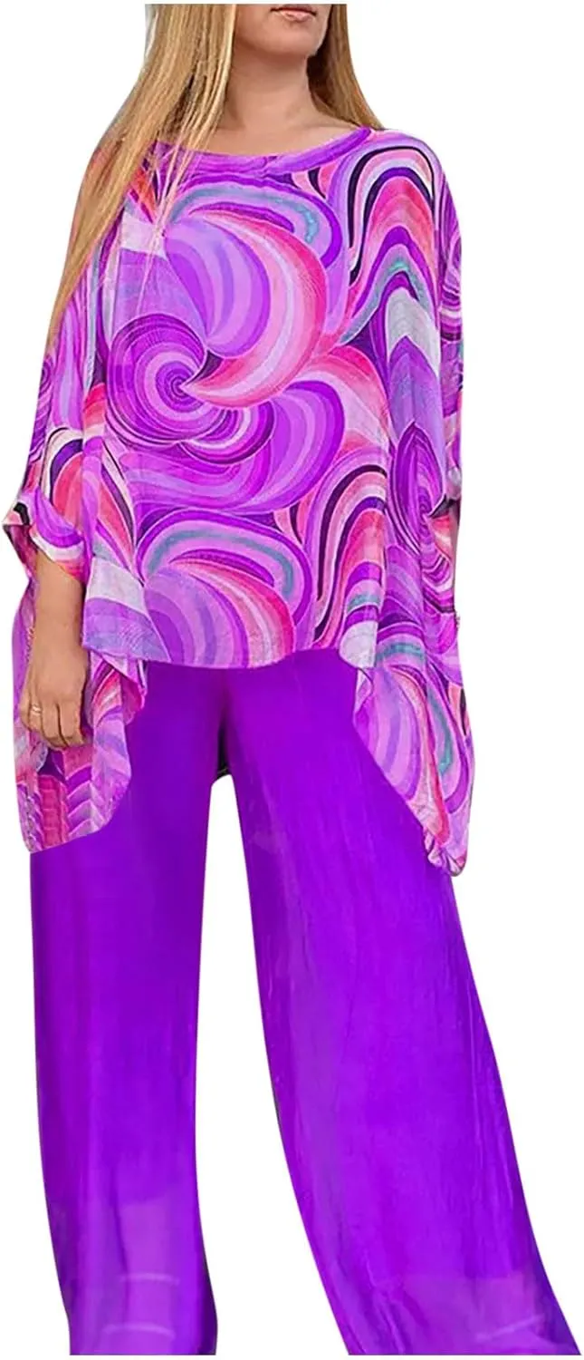 Women’s Wedding Guest Pant Suit 2 Piece Set Tie Dye Printed Elegant Formal Chiffon Evening Party Outfit