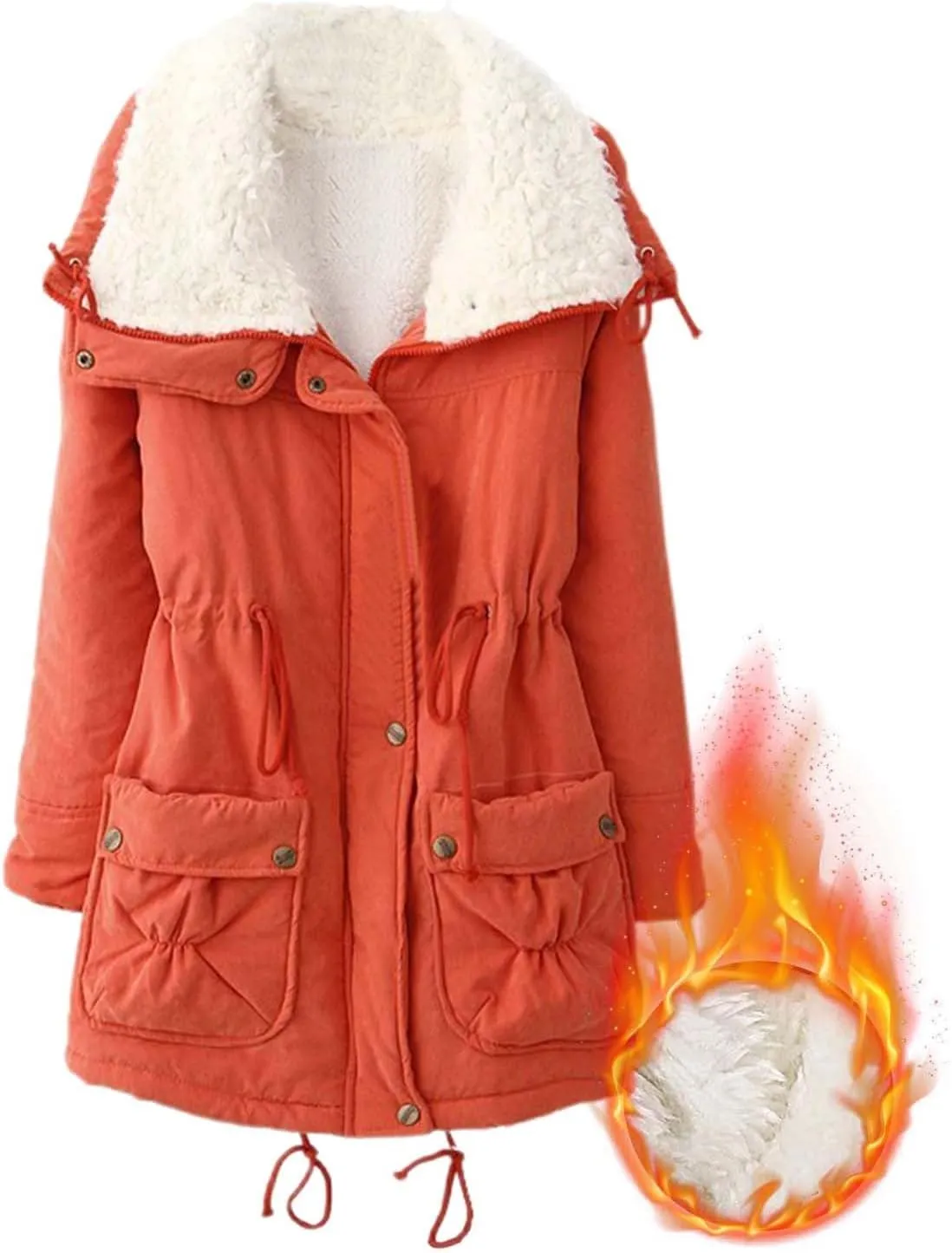 Women's Winter Parka Coats Fuzzy Sleece Stand Collar Sherpa Lined Down Jacket Solid Color Mid-Length Work Jackets