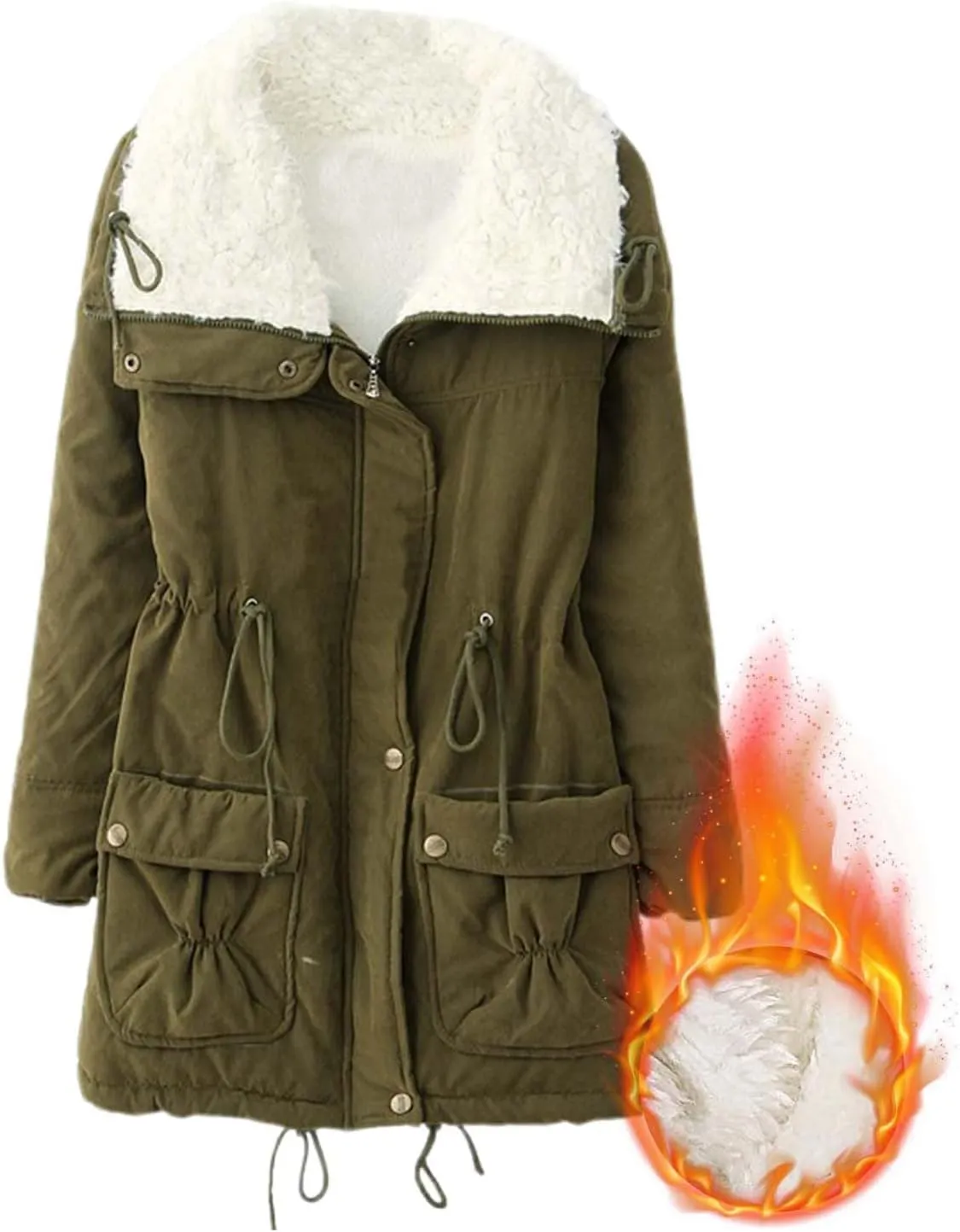 Women's Winter Parka Coats Fuzzy Sleece Stand Collar Sherpa Lined Down Jacket Solid Color Mid-Length Work Jackets