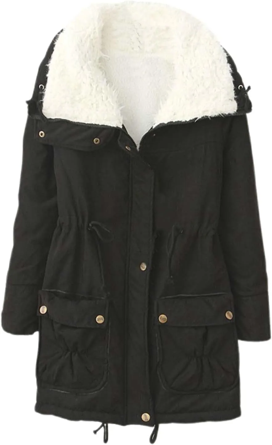 Women's Winter Parka Coats Fuzzy Sleece Stand Collar Sherpa Lined Down Jacket Solid Color Mid-Length Work Jackets