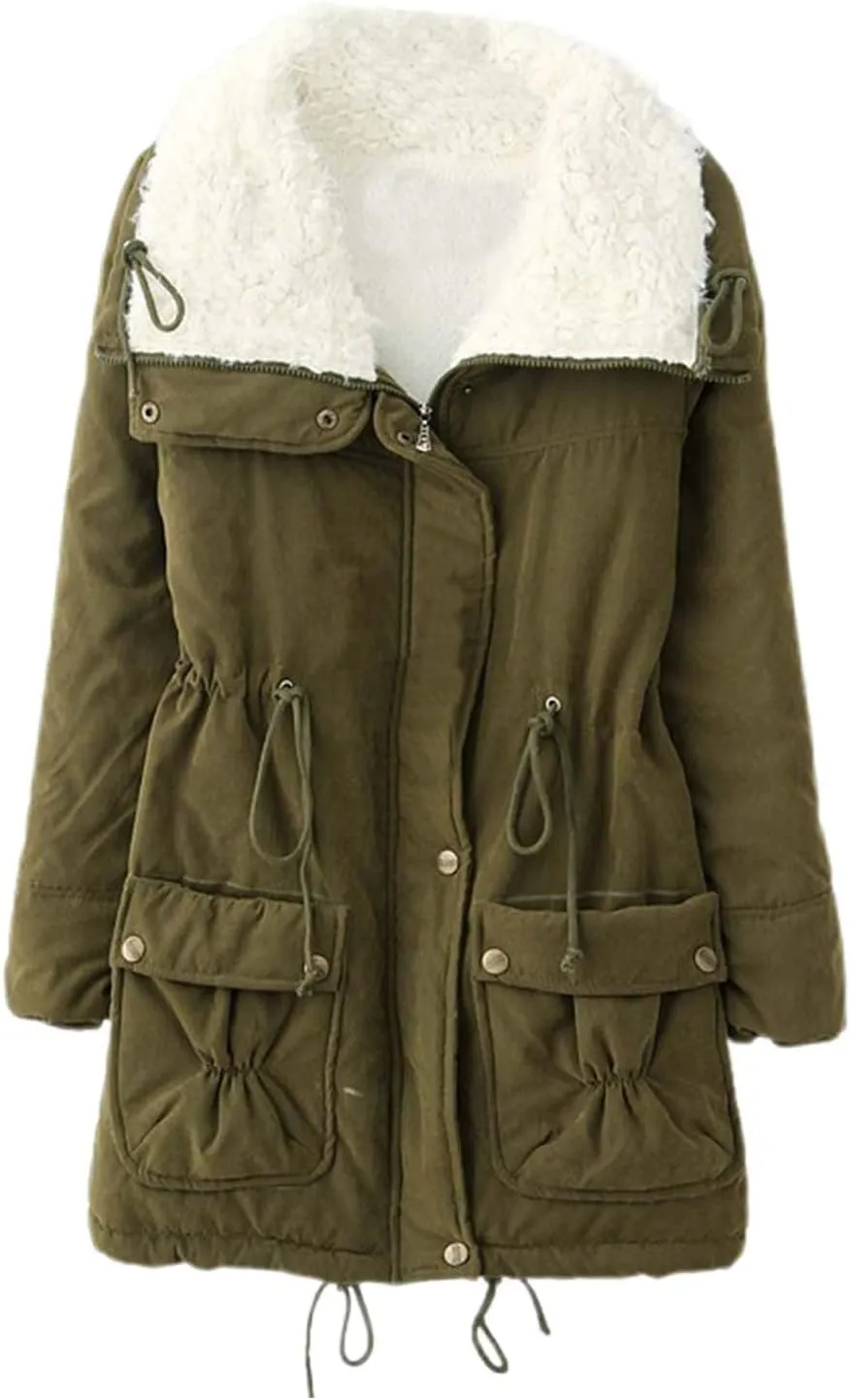 Women's Winter Parka Coats Fuzzy Sleece Stand Collar Sherpa Lined Down Jacket Solid Color Mid-Length Work Jackets