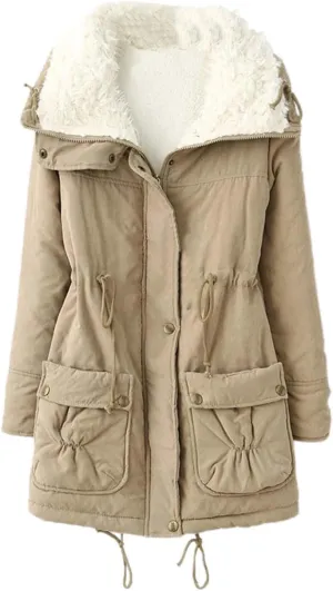 Women's Winter Parka Coats Fuzzy Sleece Stand Collar Sherpa Lined Down Jacket Solid Color Mid-Length Work Jackets