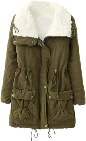 Women's Winter Parka Coats Fuzzy Sleece Stand Collar Sherpa Lined Down Jacket Solid Color Mid-Length Work Jackets
