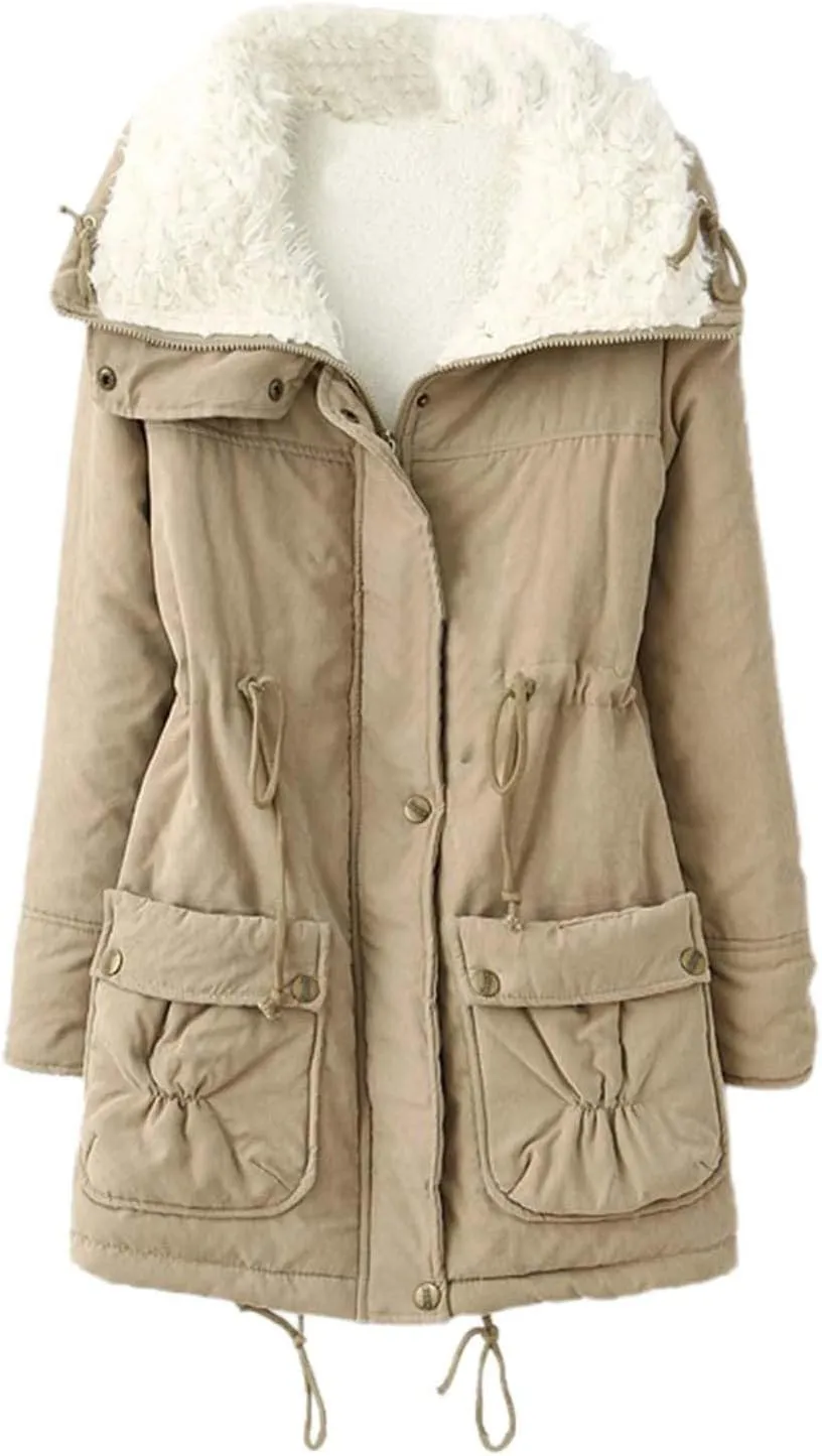 Women's Winter Parka Coats Fuzzy Sleece Stand Collar Sherpa Lined Down Jacket Solid Color Mid-Length Work Jackets