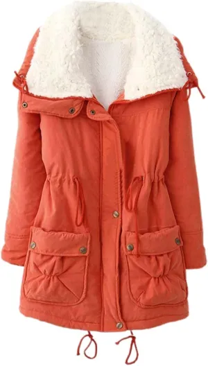 Women's Winter Parka Coats Fuzzy Sleece Stand Collar Sherpa Lined Down Jacket Solid Color Mid-Length Work Jackets