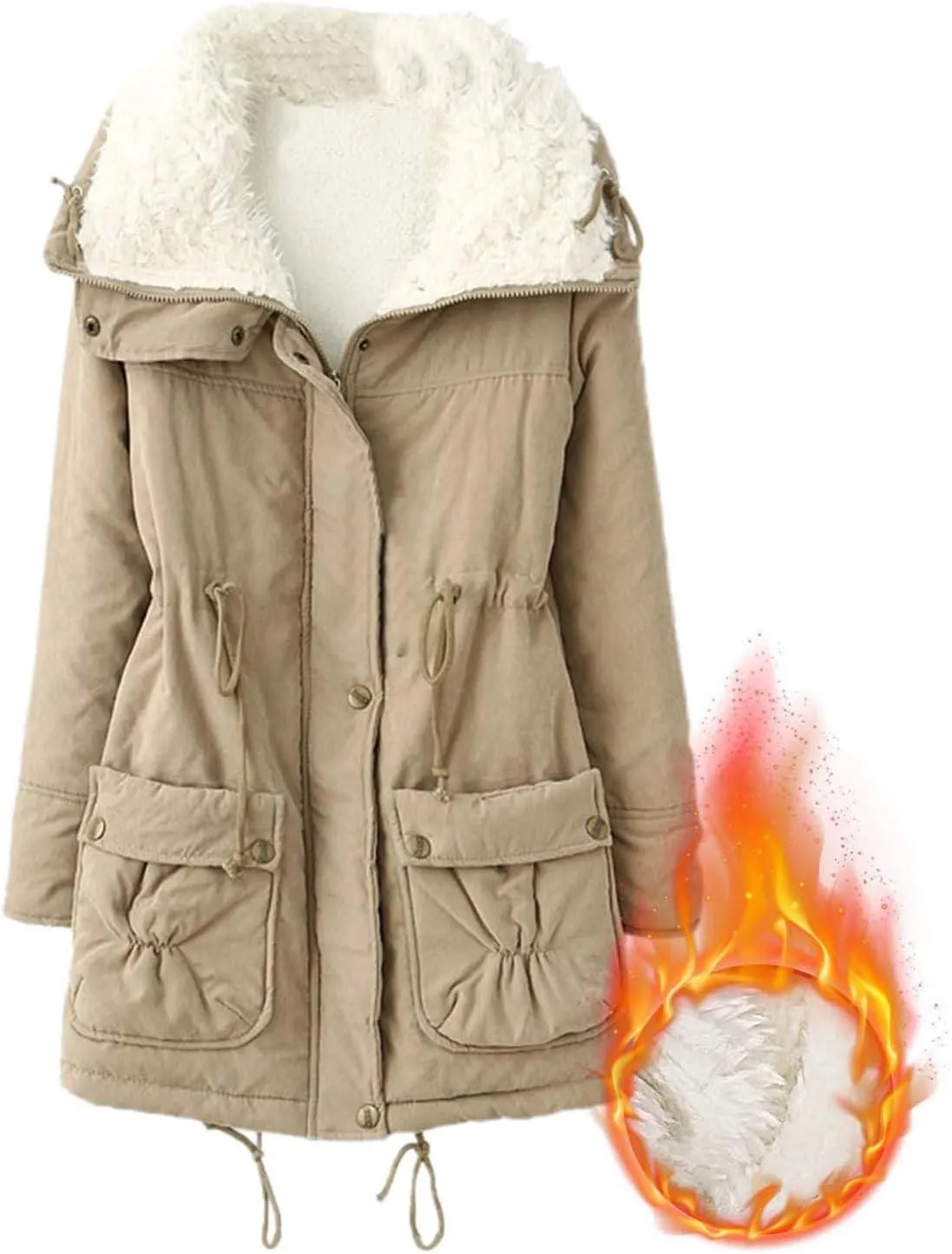 Women's Winter Parka Coats Fuzzy Sleece Stand Collar Sherpa Lined Down Jacket Solid Color Mid-Length Work Jackets