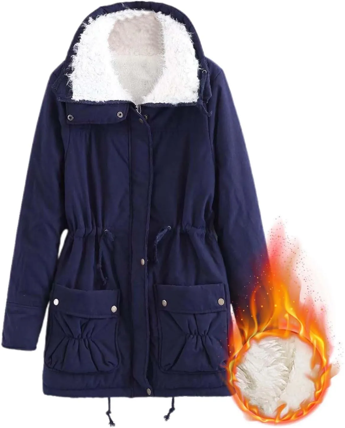 Women's Winter Parka Coats Fuzzy Sleece Stand Collar Sherpa Lined Down Jacket Solid Color Mid-Length Work Jackets
