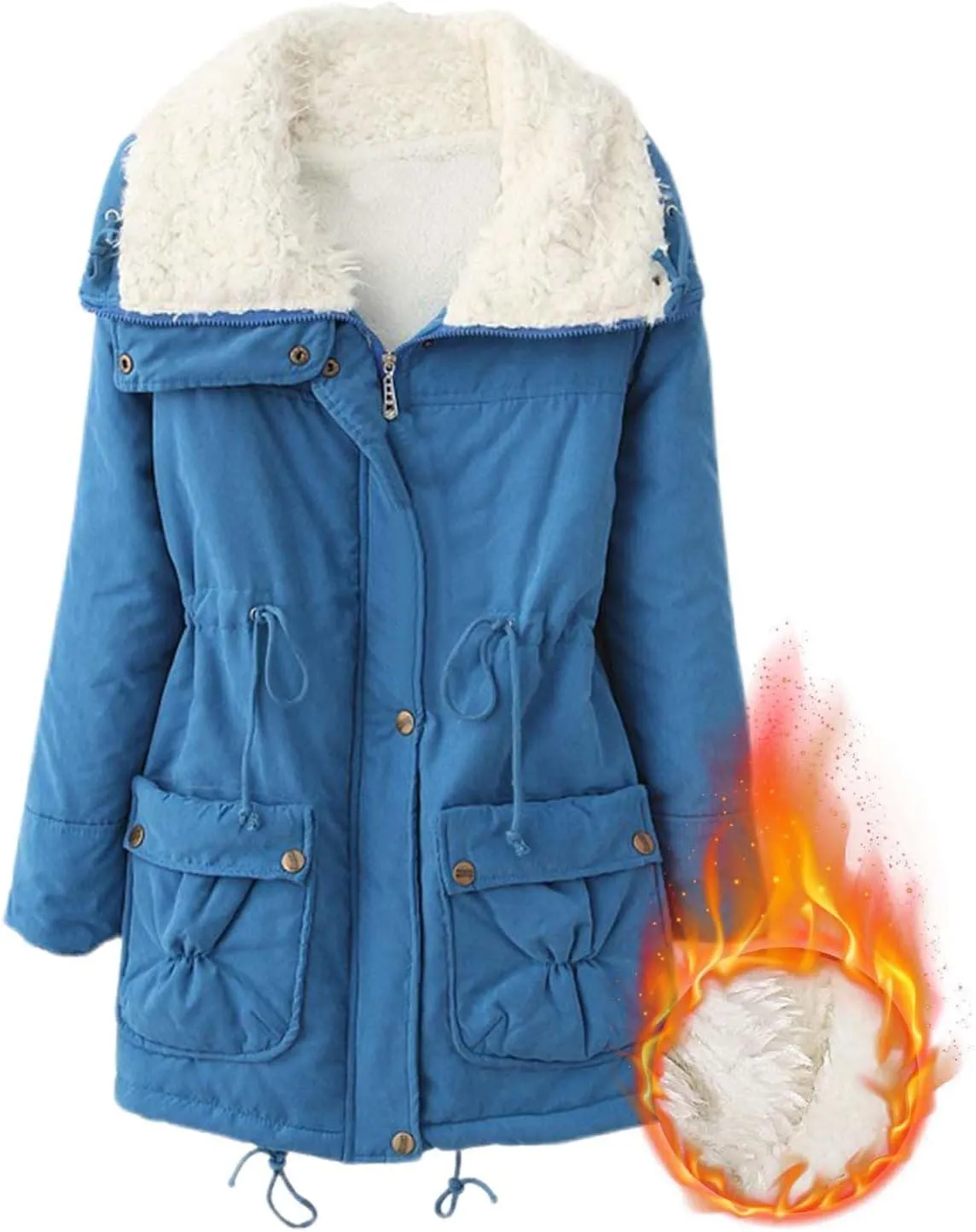 Women's Winter Parka Coats Fuzzy Sleece Stand Collar Sherpa Lined Down Jacket Solid Color Mid-Length Work Jackets
