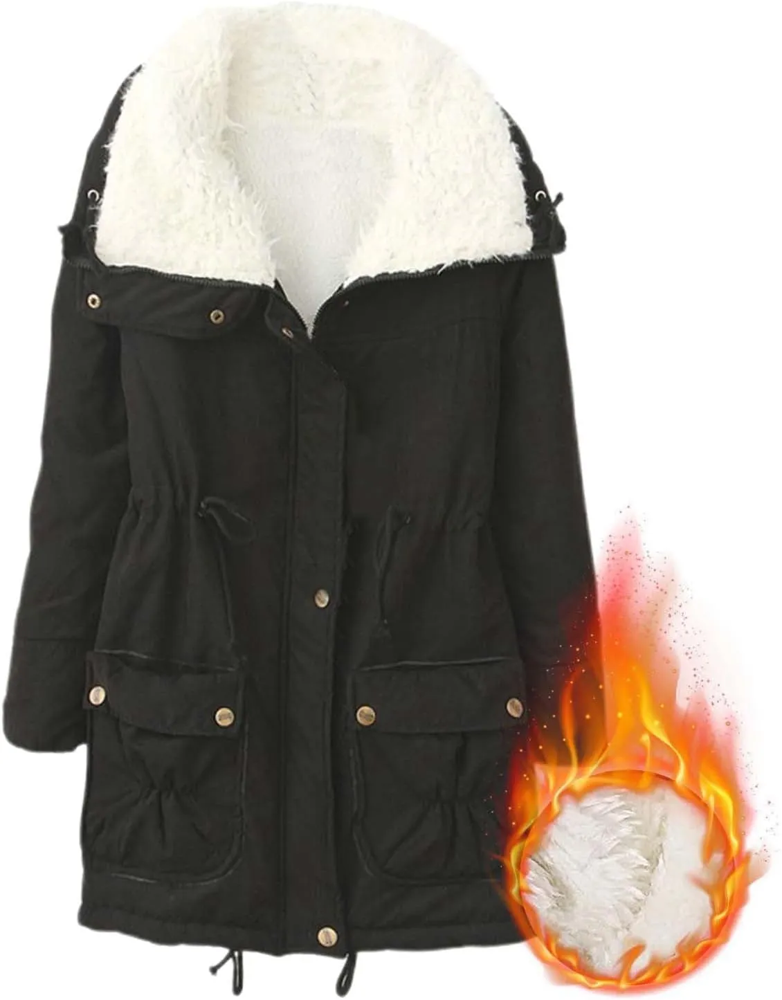Women's Winter Parka Coats Fuzzy Sleece Stand Collar Sherpa Lined Down Jacket Solid Color Mid-Length Work Jackets