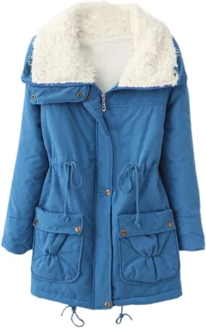 Women's Winter Parka Coats Fuzzy Sleece Stand Collar Sherpa Lined Down Jacket Solid Color Mid-Length Work Jackets