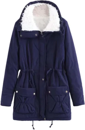 Women's Winter Parka Coats Fuzzy Sleece Stand Collar Sherpa Lined Down Jacket Solid Color Mid-Length Work Jackets