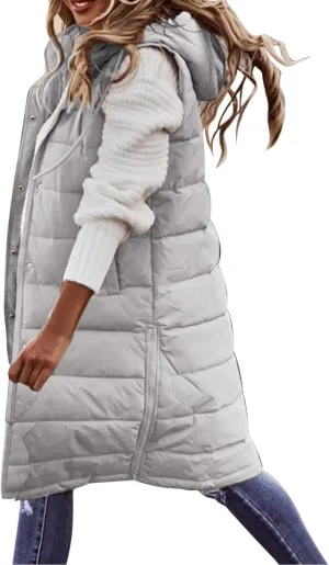 Womens Winter Sleeveless Coat Oversized Qulited Heavtweight Warm Dowm Jacket Vest Outdoor Zip Up Long Fleece Jackets