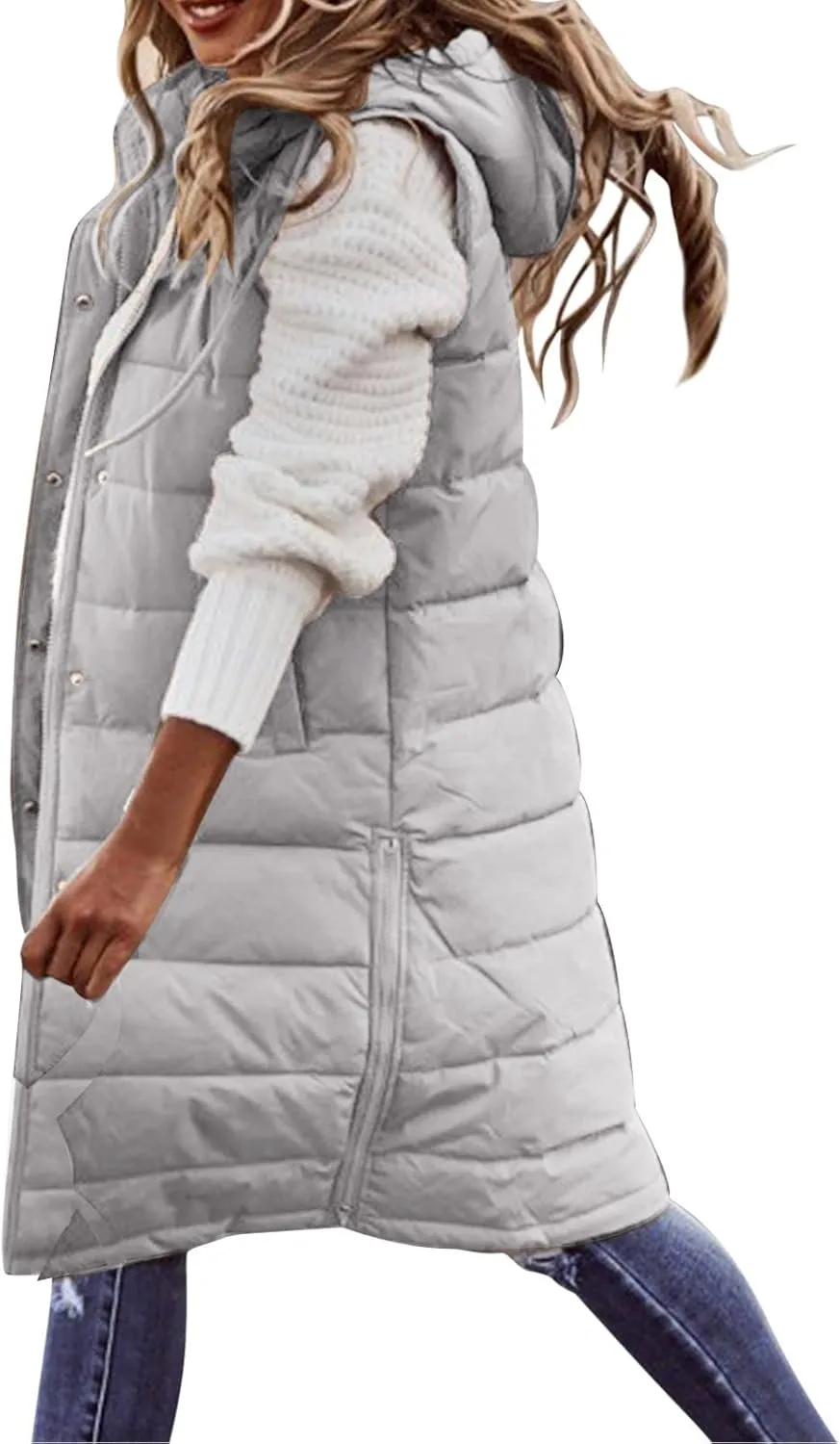 Womens Winter Sleeveless Coat Oversized Qulited Heavtweight Warm Dowm Jacket Vest Outdoor Zip Up Long Fleece Jackets