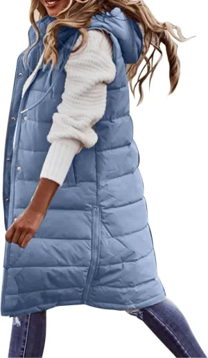 Womens Winter Sleeveless Coat Oversized Qulited Heavtweight Warm Dowm Jacket Vest Outdoor Zip Up Long Fleece Jackets