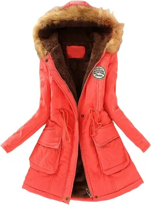 XUETON Winter Coats for Women Zip Up Hooded Warm Thicken Fleece Lined Parkas Military Safari Utility Anorak Jackets Outwear(Watermelon Red,Medium)