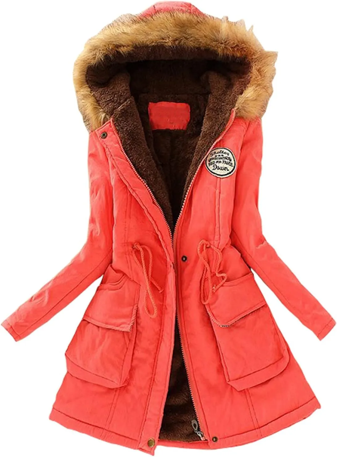 XUETON Winter Coats for Women Zip Up Hooded Warm Thicken Fleece Lined Parkas Military Safari Utility Anorak Jackets Outwear(Watermelon Red,Medium)