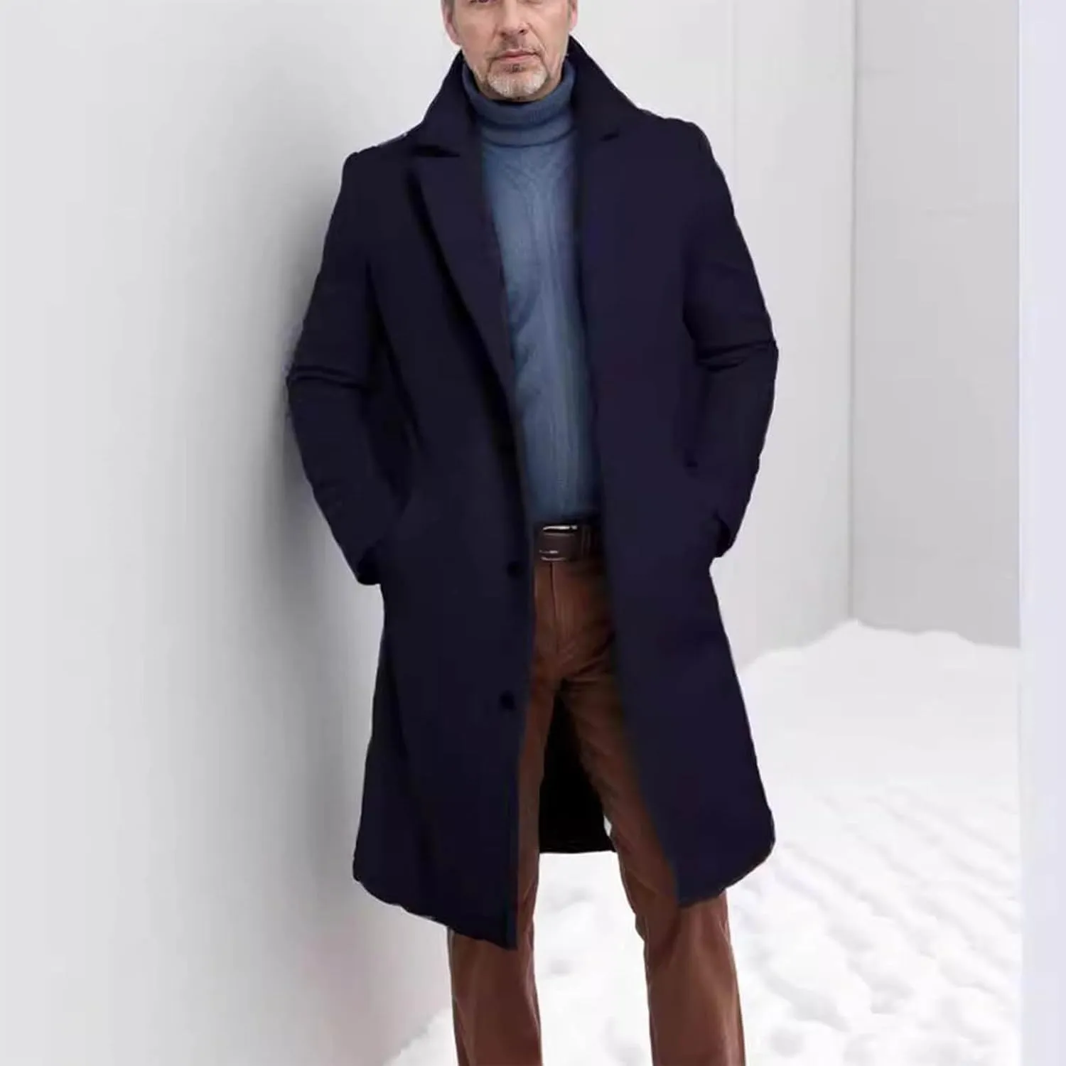XUNRYAN Mens Wool Blend Pea Coat Notched Collar Single Breasted Overcoat Warm Winter Trench Coat Mid Long Jacket Work Outwear