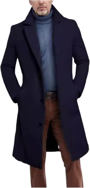 XUNRYAN Mens Wool Blend Pea Coat Notched Collar Single Breasted Overcoat Warm Winter Trench Coat Mid Long Jacket Work Outwear