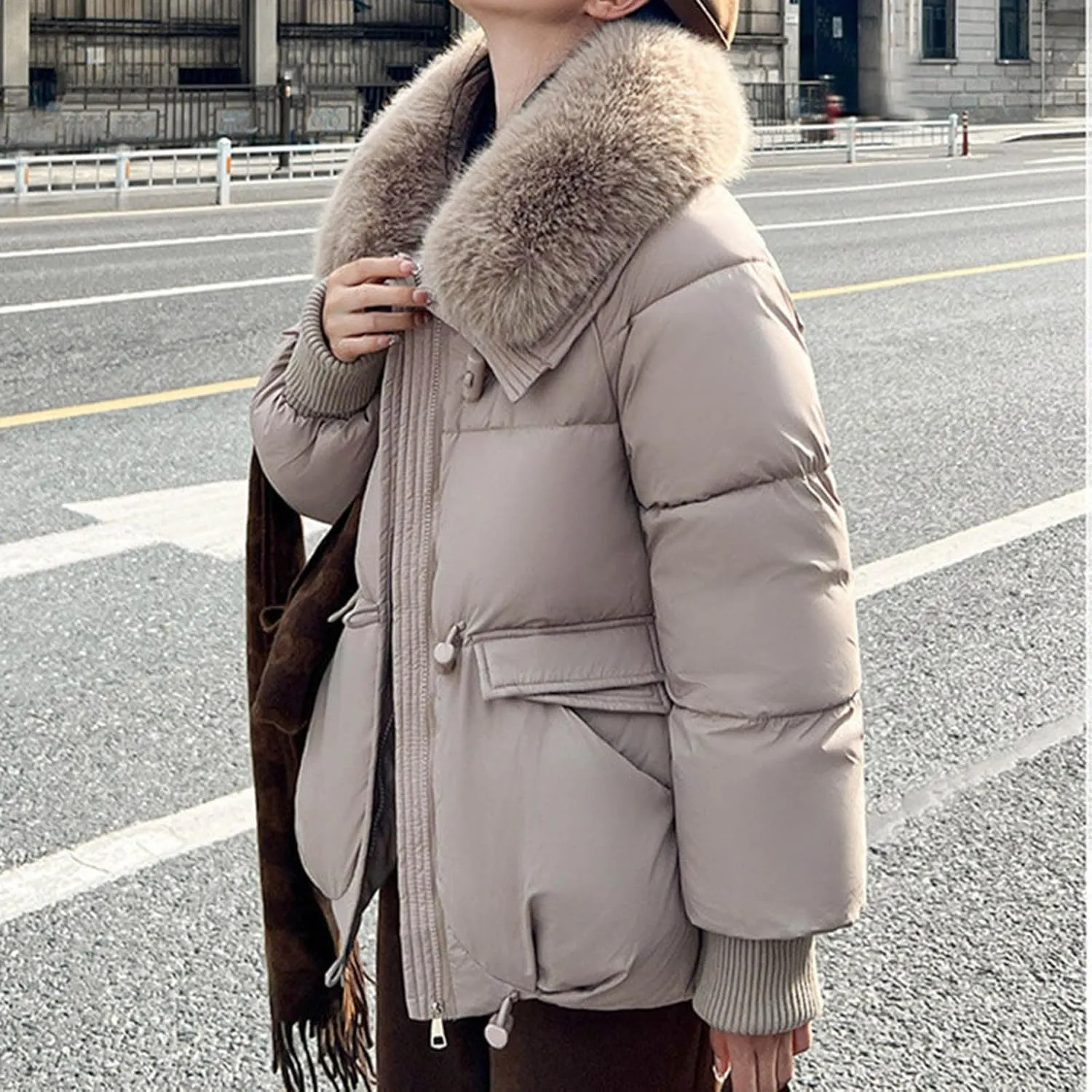 XUNRYAN Winter Coats for Women Puffer Jackets Fashion Quilted Thicken Weighted Down Coat Warm Faux-Fur Collar Parka Anorak