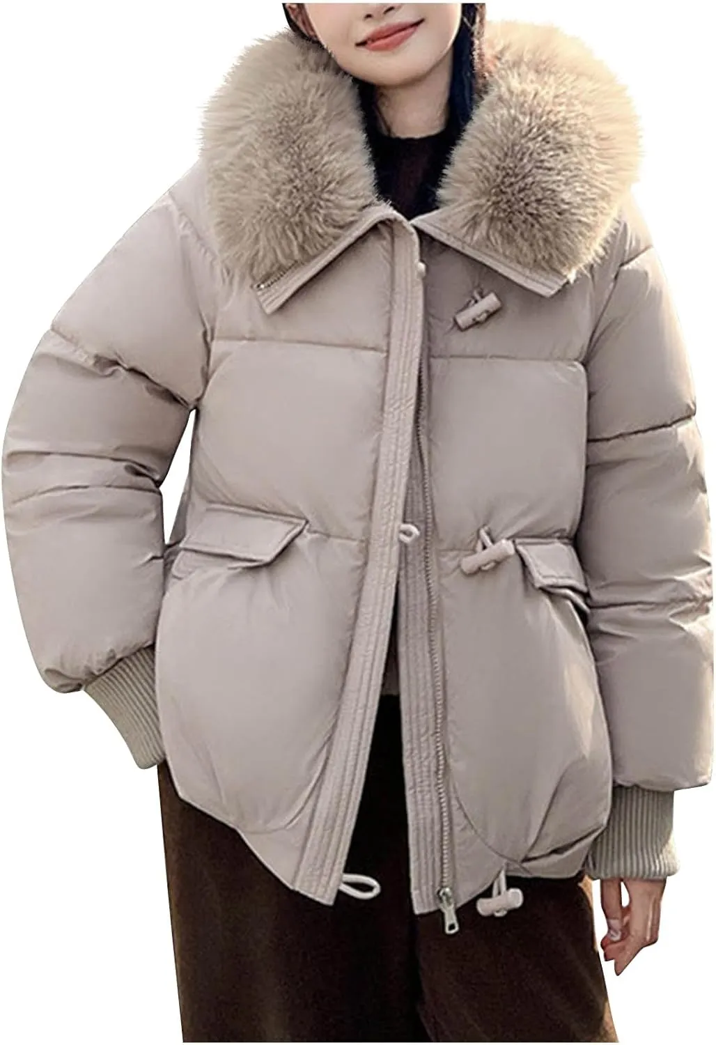 XUNRYAN Winter Coats for Women Puffer Jackets Fashion Quilted Thicken Weighted Down Coat Warm Faux-Fur Collar Parka Anorak