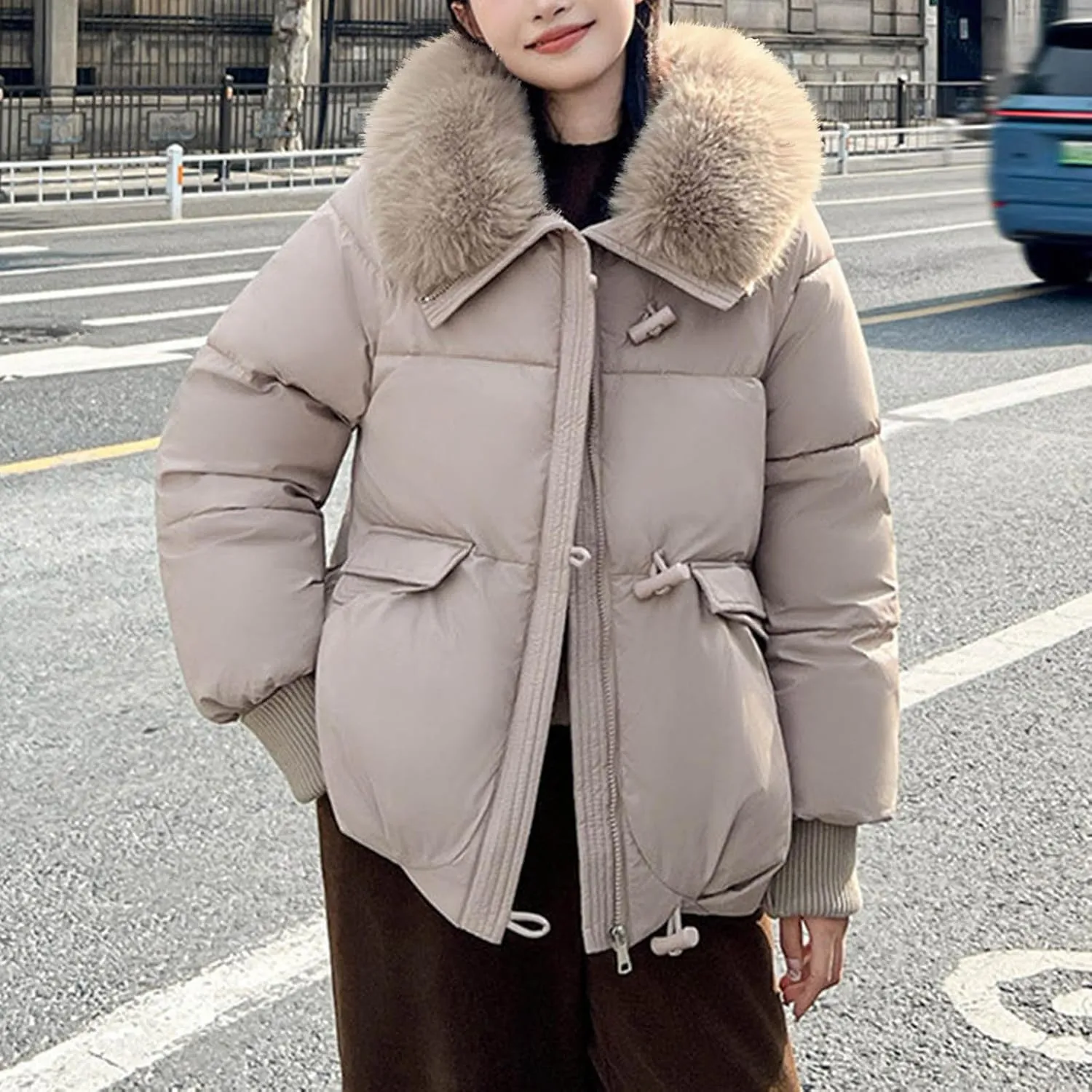 XUNRYAN Winter Coats for Women Puffer Jackets Fashion Quilted Thicken Weighted Down Coat Warm Faux-Fur Collar Parka Anorak