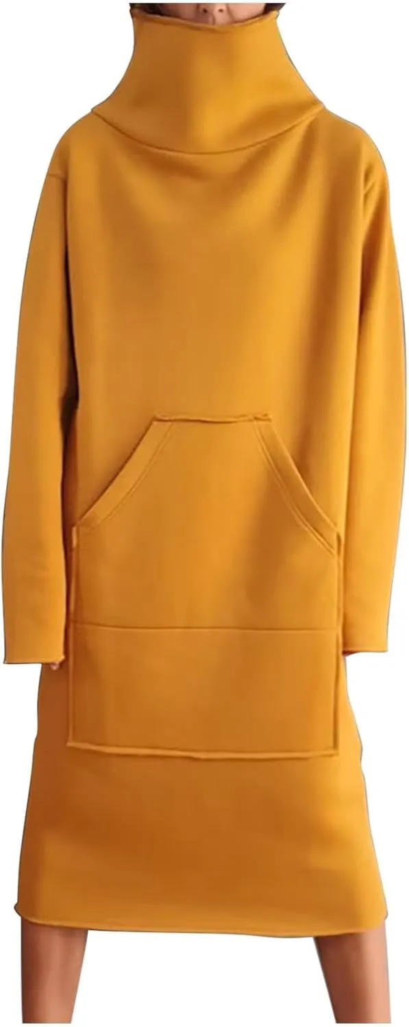 XUNRYAN Women's Hoodie Dress High Neck Fleece Hooded Dress with Kangaroo Pocket Plus Size Hoodies Sweatshirts Fashion Clothes