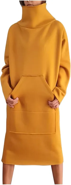XUNRYAN Women's Hoodie Dress High Neck Fleece Hooded Dress with Kangaroo Pocket Plus Size Hoodies Sweatshirts Fashion Clothes