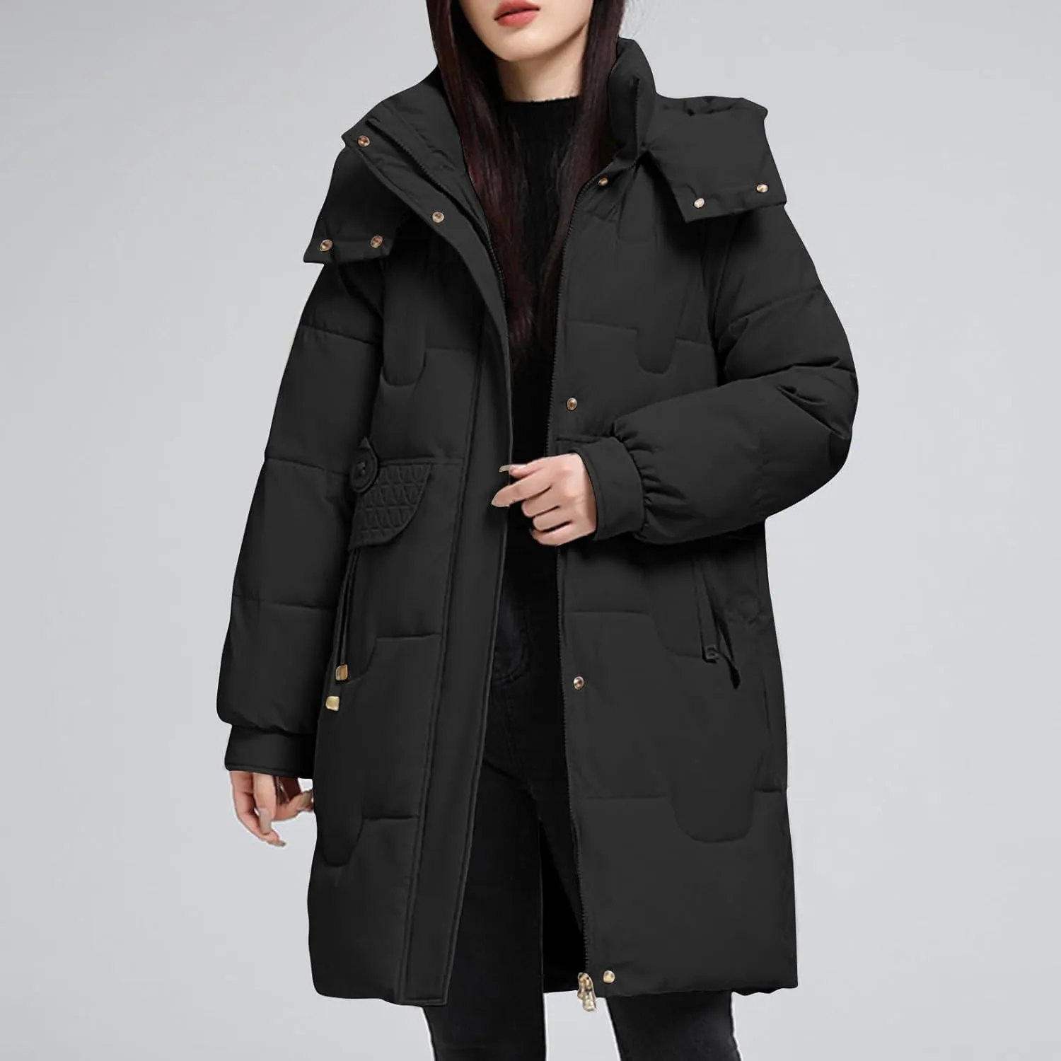 XUNRYAN Womens Quilted Puffer Jackets Thicken Winter Down Coat Mid Long Parka Anorak Overcoat Hooded Full Zip Outwear Pockets