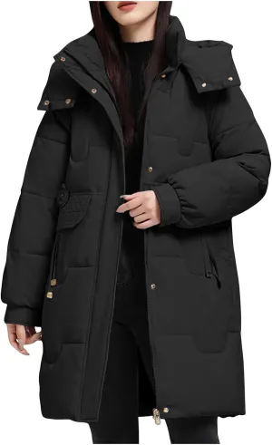 XUNRYAN Womens Quilted Puffer Jackets Thicken Winter Down Coat Mid Long Parka Anorak Overcoat Hooded Full Zip Outwear Pockets