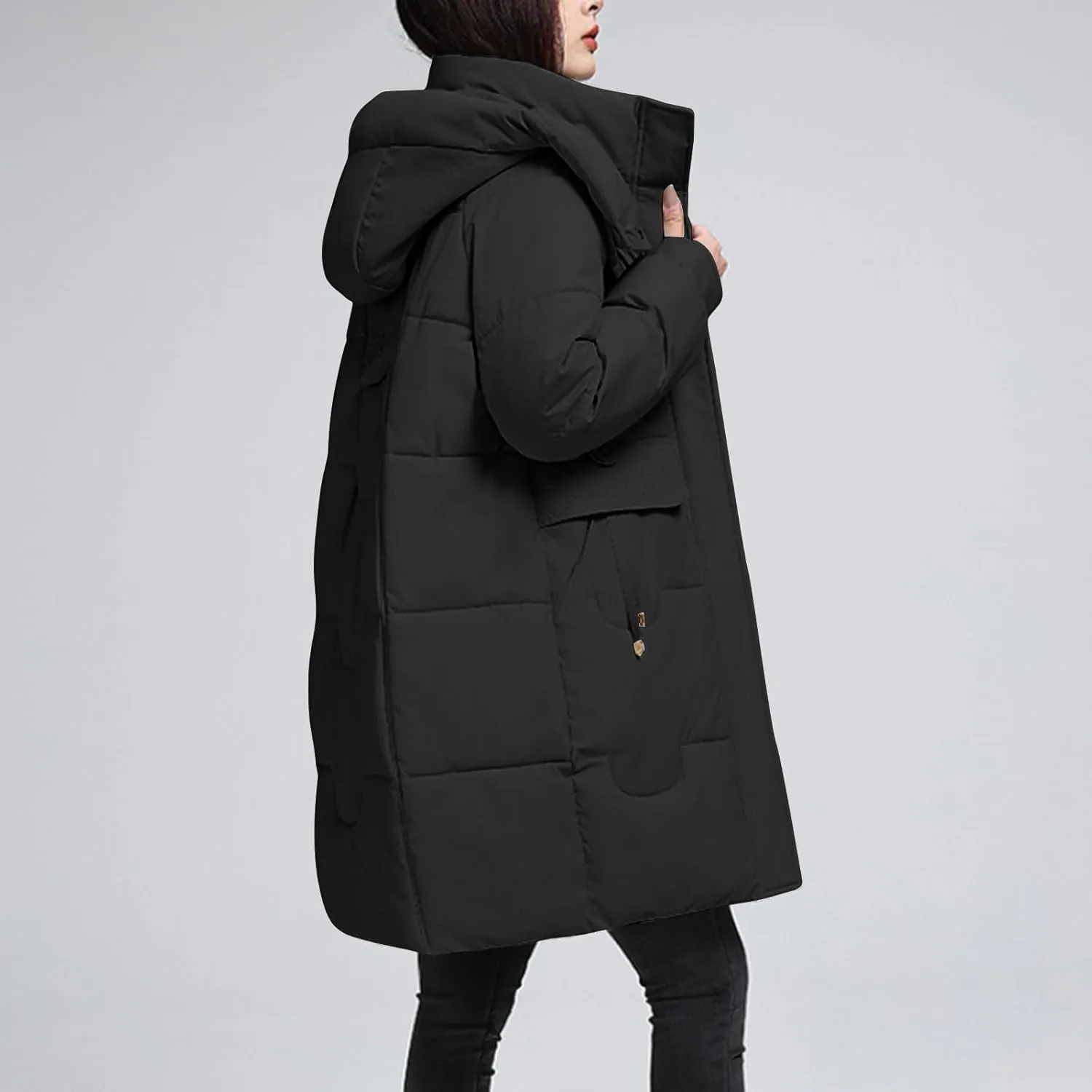XUNRYAN Womens Quilted Puffer Jackets Thicken Winter Down Coat Mid Long Parka Anorak Overcoat Hooded Full Zip Outwear Pockets